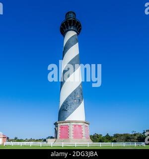 Diagonal black and white stripes mark the Cape Hatteras lighthouse at its new location near the town of Buxton on the Outer Bank Stock Photo