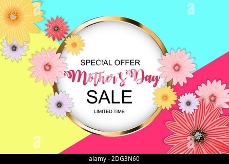 Happy Mother s Day Cute Sale Background with Flowers. Illustration Stock Photo