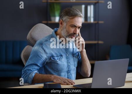 Senior grey-haired businessman talking on the phone in office. Conversation with business partners. Business portrait of handsome mature man sitting Stock Photo