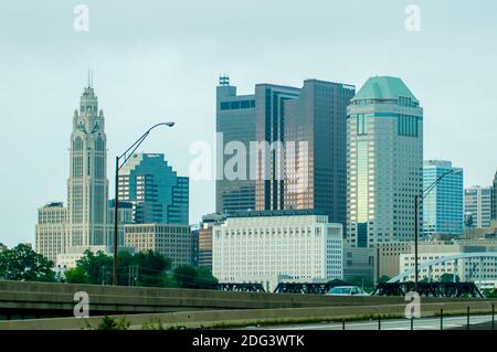 Columbus Ohio skyline and downtown streets in late afternoon Stock Photo