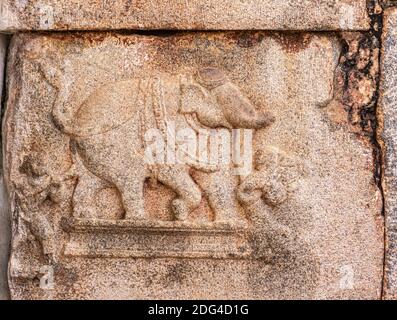 Hampi, Karnataka, India - November 4, 2013: Virupaksha Temple complex. Closeup of red stone mural sculpture of elephant. Stock Photo