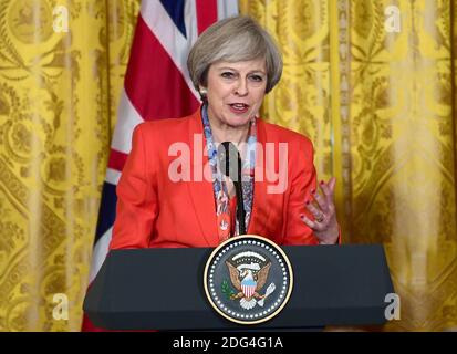 United State President Donald J. Trump and Theresa May, Prime Minister of United Kingdom, conduct a joint press conference later in the day in the East Room of the White House in Washington, DC, USA, on Friday, January 27, 2017. Photo by Ron Sachs/CNP/ABACAPRESS.COM Stock Photo
