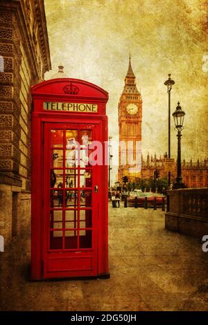Vintage style picture of a red phone box in London with the Big Ben in the background Stock Photo