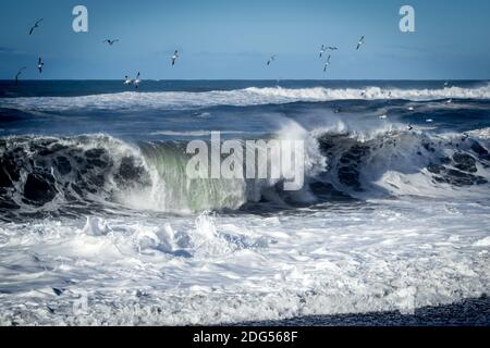 A big wave crashes on the beach. Stock Photo