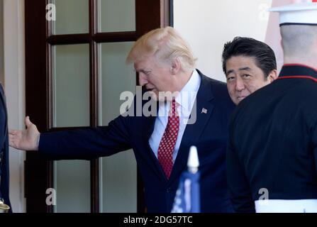 US President Donald Trump welcomes Japanese Prime Minister Shinzo Abe at the White House on February 10, 2017 in Washington, D.C. Photo by Olivier Douliery/Abaca Stock Photo