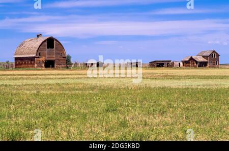 panorama of old barn and homestead cabins at galata, montana Stock Photo
