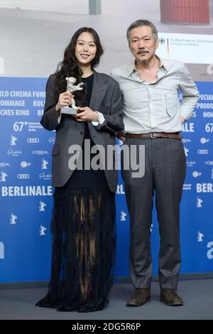 Actress Kim Min-hee poses with her Silver Bear for Best Actress (On the Beach at Night Alone) with South Korean director Hong Sangsoo attending the Winners Press Conference for the 67th Berlin International Film Festival (Berlinale) in Berlin, Germany on Februay 18, 2017. Photo by Aurore Marechal/ABACAPRESS.COM Stock Photo