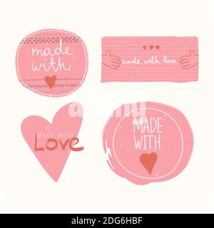 Set of label tag with lettering made with love. Calligraphy handwritten text for artisans. Vector hand drawing flat stickers. For your cartoon style Stock Vector