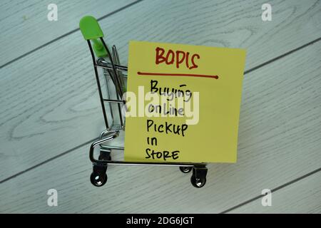 BOPIS - Buying Online Pickup In Store write on sticky notes isolated on Wooden Table. Stock Photo