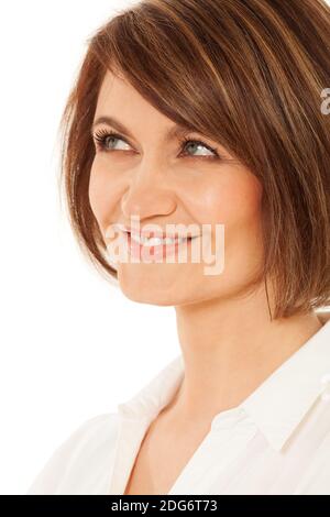 Close-up of coquettish adult woman looking up Stock Photo