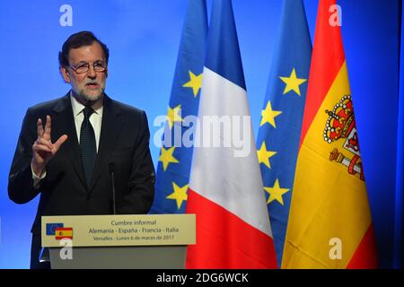 Spanish Prime Minister Mariano Rajoy during a joint press conference with French President Francois Hollande, Italian Prime Minister Paolo Gentiloni and German Chancellor Angela Merkel following an informal summit at Versailles Castle, near Paris, France on March 6, 2017. Hollande called the mini-summit to prepare reforms for the European Union ahead of the 60th anniversary of the Treaty of Rome on 25 March. Photo by Christian Liewig/ABACAPRESS.COM Stock Photo