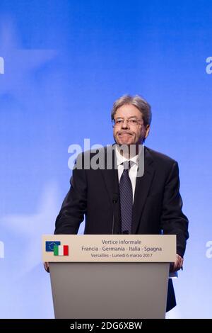 Italian Prime Minister Paolo Gentiloni after the meeting at the Versailles castle, near Paris, France on March 6, 2017. Hollande is hosting German Chancellor Angela Merkel, Spanish Prime Minister Mariano Rajoy and Italian Prime Minister Paolo Gentiloni in Versailles to prepare for a larger EU meeting later this week. Photo by Kamil Zihnioglu/Pool/ABACAPRESS.COM Stock Photo