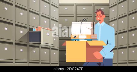 businessman holding cardboard box with documents in filing wall cabinet with open drawer data archive storage business administration paper work concept horizontal portrait vector illustration Stock Vector