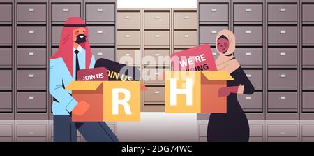 arabic HR managers couple holding cardboard boxes human resources recruitment concept filing wall cabinet data archive storage interior horizontal portrait vector illustration Stock Vector