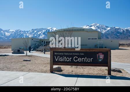 Visitor Center and Museum at Manzanar Nat. Historic Site, a camp where Japanese Americans were interned during World War 2 in Owens Valley, California. Stock Photo