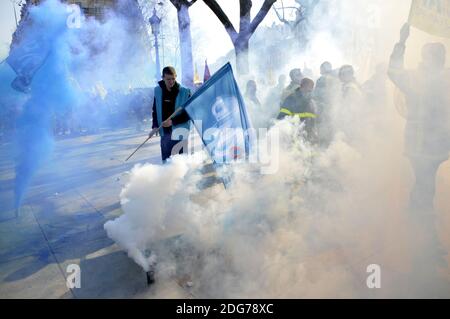 Firefighters march during a demonstration of French firemen against staff reduction in Paris, France, on March 14, 2017. Photo by Alain Apaydin/ABACAPRESS.COM Stock Photo