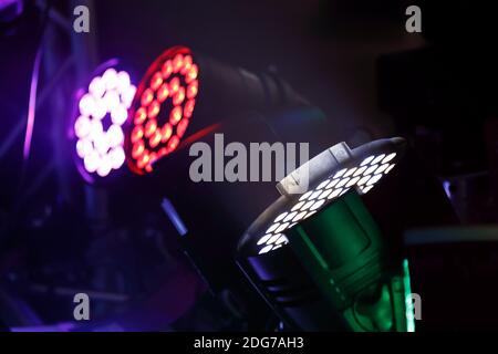 RGBW colored led stage lights. Selective focus. Stock Photo