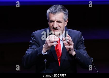 Independent candidate for the 2017 French Presidential election Jean Lassalle delivering a speech in front of the Gathering of French Mayors in Maison de la Radio, Paris, France on March 22nd, 2017. Photo by Henri Szwarc/ABACAPRESS.COM Stock Photo