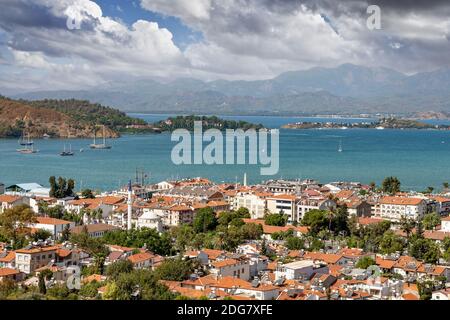 panorama of Fethiye city. aerial view of the popular tourist city of Fethiye and the Bay of the Mediterranean sea. Cityscape, Fethiye, Mugla, Turkey Stock Photo