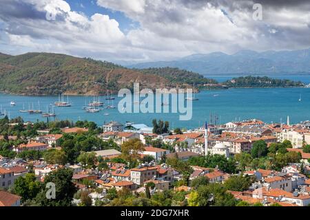 panorama of Fethiye city. aerial view of the popular tourist city of Fethiye and the Bay of the Mediterranean sea. Beautiful view of Fethiye city and Stock Photo