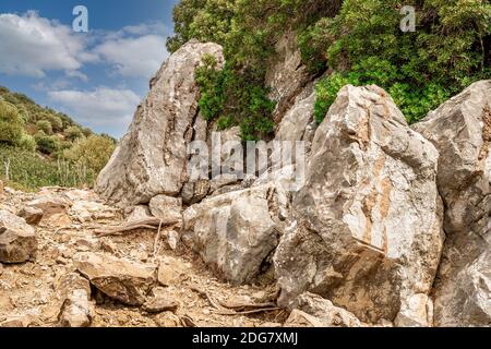 geological fault, rock, large rocks, landscape. beautiful landscape with stone boulders. Amazing mountain landscape on the cloudy sky, natural outdoor Stock Photo