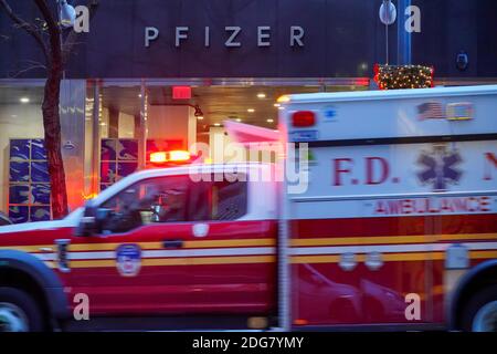 New York City, USA. 3rd Dec, 2020. American multinational pharmaceutical corporation, Pfizer Inc. headquarters in New York City.Pfizer stock surged higher on November 9, 2020 prior to the opening of Wall Street trading after the company announced its vaccine is ''90 percent effective'' against Covid-19 infections. The news cheered markets worldwide, especially as coronavirus cases are spiking, forcing millions of people back into lockdown. Credit: John Nacion/SOPA Images/ZUMA Wire/Alamy Live News Stock Photo