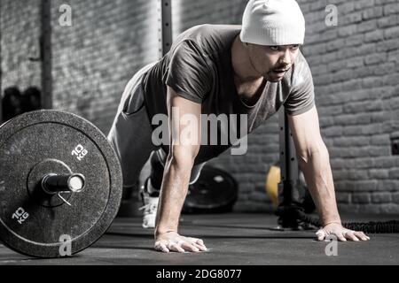 Pushup workout in gym Stock Photo