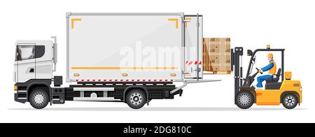 Forklift loading pallet boxes into truck. Warehouseman with checklist ...
