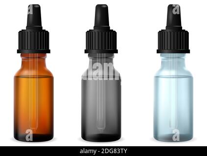 Clear dropper bottle. Cosmetic essential oil drop glass bottles. Serum glass flask mockup with pipette. Medicine collagen vial isolated on white backg Stock Vector
