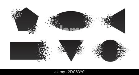 Shape shattered and explodes flat style design vector illustration set isolated on white background. Square rhombus, triangle, rectangle, pentagon, el Stock Vector