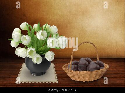 Still life painting: white tulips and candy.3D rendering Stock Photo