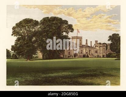 Elton Hall, Northamptonshire, England. Castellated house incorporating a Norman tower and old chapel. Home of  Sir Granville Leveson Prosby, Earl of Carysfort. Colour woodblock by Benjamin Fawcett in the Baxter process of an illustration by Alexander Francis Lydon from Reverend Francis Orpen Morris’s A Series of Picturesque Views of the Seats of Noblemen and Gentlemen of Great Britain and Ireland, William Mackenzie, London, 1870. Stock Photo