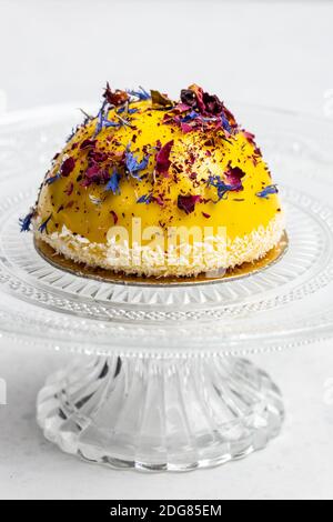Passion fruit & mango patisserie on white background Stock Photo