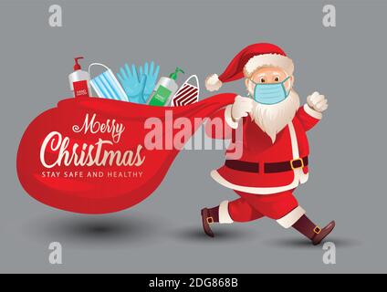 merry christmas, Santa claus walks wearing face mask in with a sanitizer, mask and gloves in the bag. covid-19, coronavirus concept. vector illustrati Stock Vector