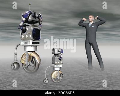 Robot and a human in competition - 3d rendering Stock Photo