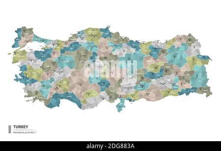 Turkey higt detailed map with subdivisions. Administrative map of Turkey with districts and cities name, colored by states and administrative district Stock Vector