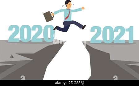 Businessman jumps to next cliff. New hope for business recovery with high risk. Changing year from 2020 to 2021 calendar. Vector illustration. Stock Vector