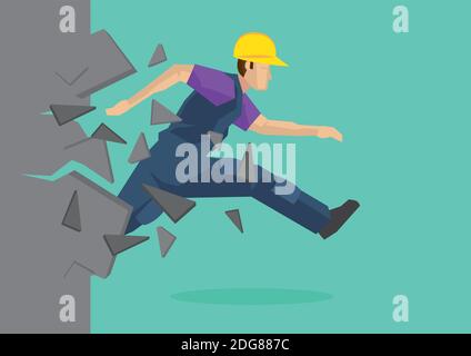 Creative cartoon vector illustration of construction worker breaking wall. Metaphor concept about breaking through obstacle of employee to achieve suc Stock Vector