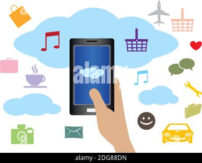 Vector illustration of hand holding handphone with clouds and web applications icons in background. Stock Vector