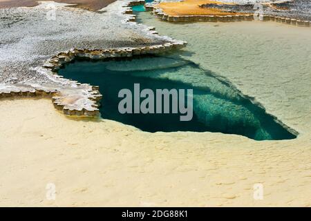 Colorful geothermal feature, Doublet Pool with scalloped geyserite deposits of opaline silica around the border, water about 190○f rare short eruption Stock Photo