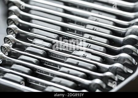 Chrome metal spanners in toolbox Stock Photo