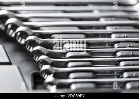 Chrome metal spanners in toolbox Stock Photo
