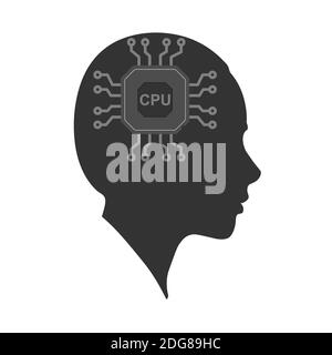 Vector icon of a woman's head with a Chip. The silhouette is isolated on a white background. Simple design Stock Vector