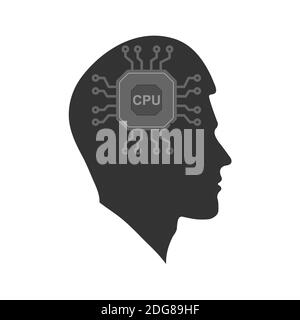 Vector icon of a man's head with a Chip. The silhouette is isolated on a white background. Simple design