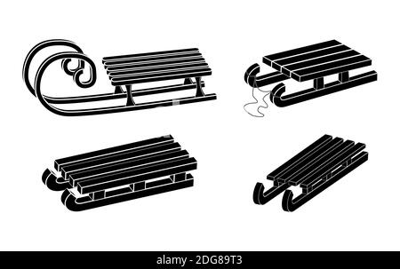 Sleigh silhouette vector symbol set. Winter sledge for children icon collection. Wooden snow sled black shape. Classic child old wood transport vehicl Stock Vector