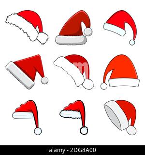 Santa hat set. Red santa claus cap collection isolated on white background. Cartoon drawing for december holiday greeting card. Christmas vector illus Stock Vector