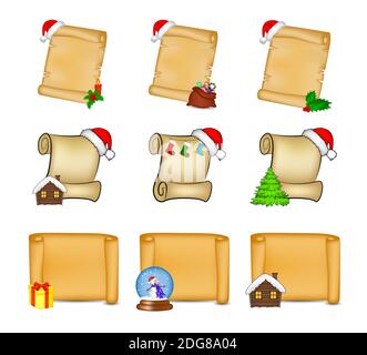 Christmas scroll paper backgrounds collection. Set of blank xmas parchment. Antique letter with santa hat, holly berry, christmas tree etc. Vector old Stock Vector