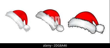 Santa claus red hat collection. Realistic santa cap set isolated on white background. Cartoon drawing for holiday banner or backdrop. Illustration of Stock Vector
