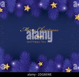 Christmas blue background with christmas tree branches, stars and garland Vector illustration. Winter background. Stock Vector