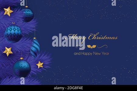 Christmas blue background with christmas tree branches and blue balls. Vector illustration. Winter background. Stock Vector